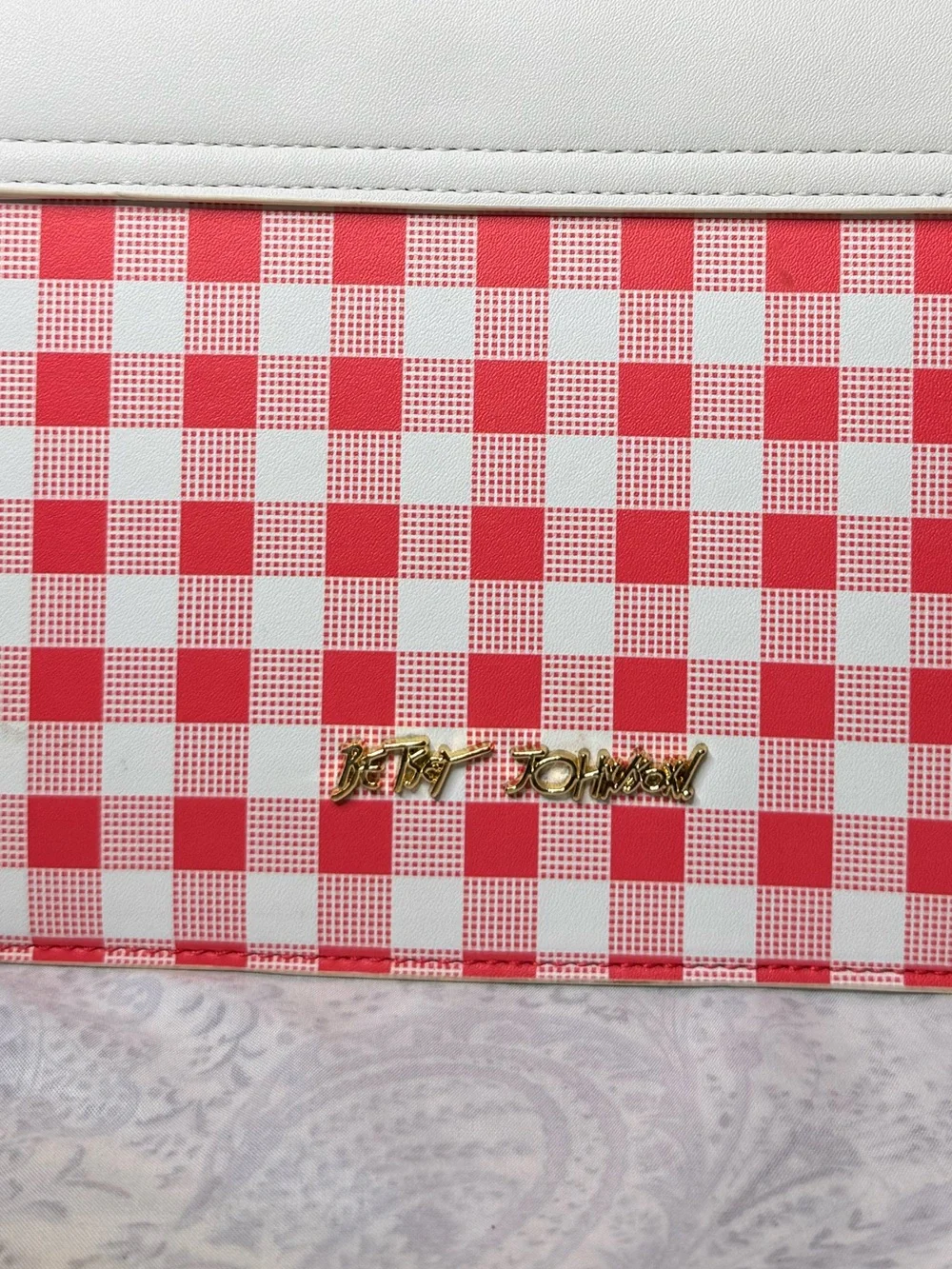Betsey Johnson White/Red Gingham Strawberry -Handle w/ Removable Crossbody Strap